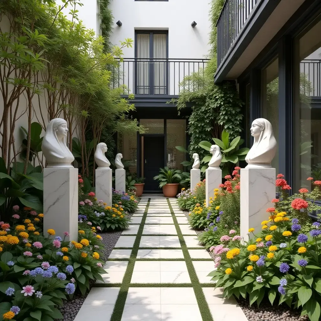 a photo of a vibrant balcony garden with marble sculptures and colorful flowers