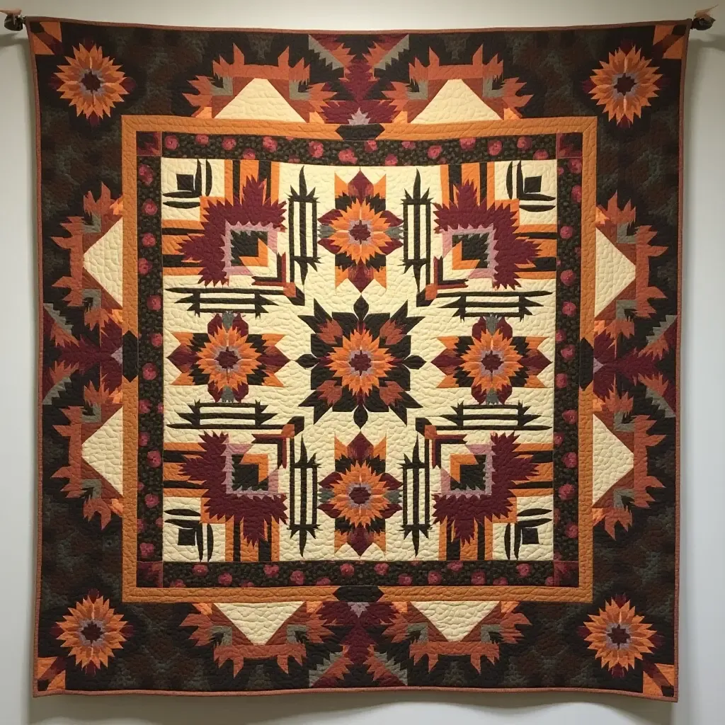 a photo of a traditional quilt hanging on the wall as art