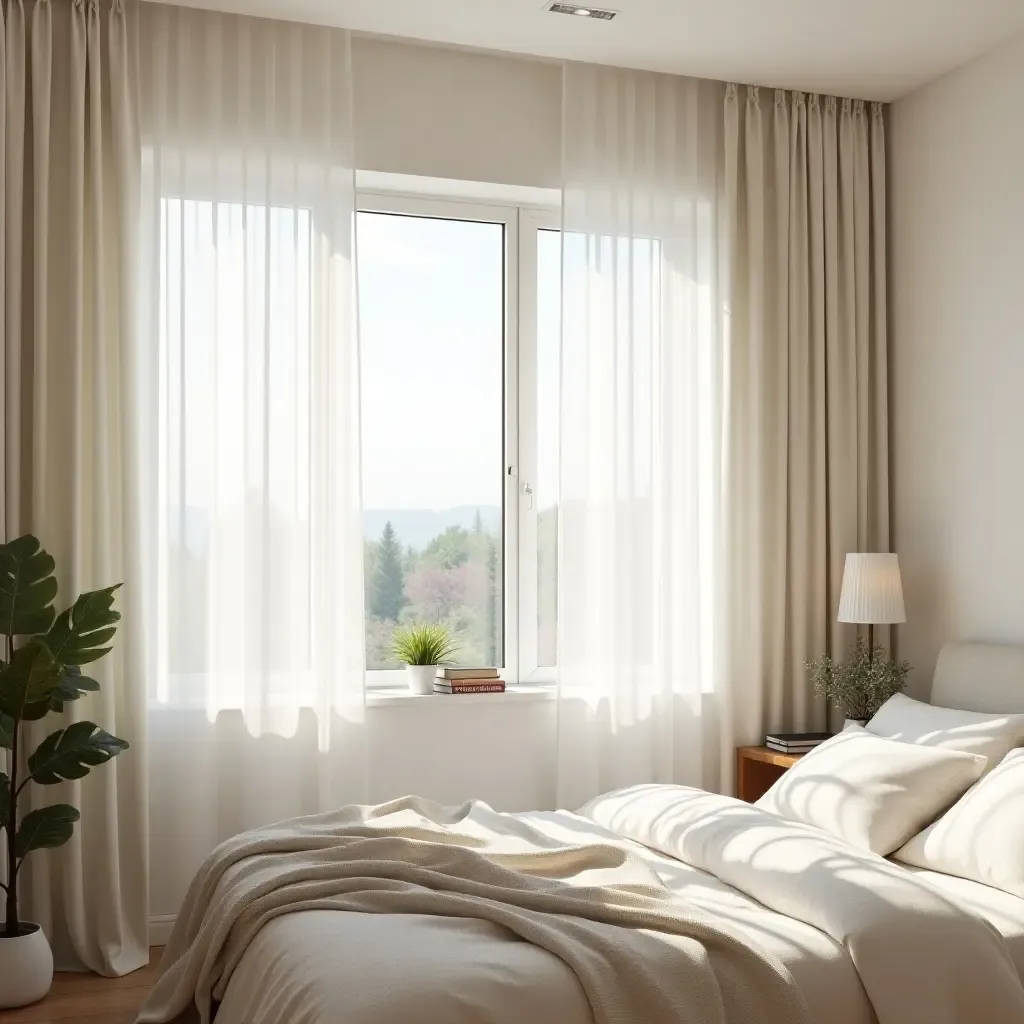 a photo of a bright bedroom with large windows and airy curtains for comfort