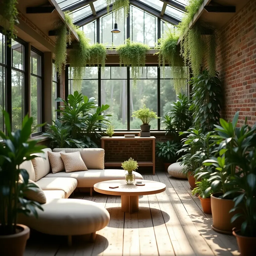 a photo of a serene indoor garden with hanging plants and soft seating