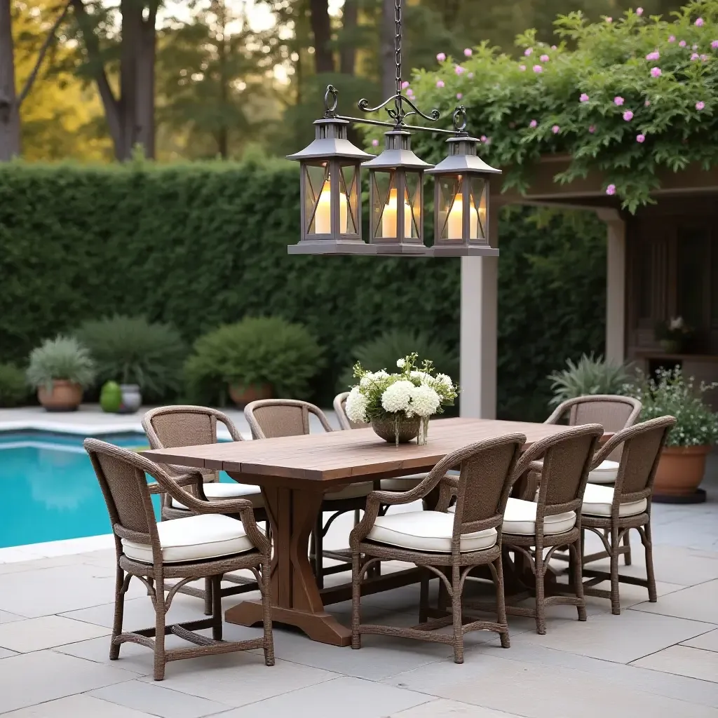 a photo of a rustic poolside patio with a farmhouse-style dining set and lanterns