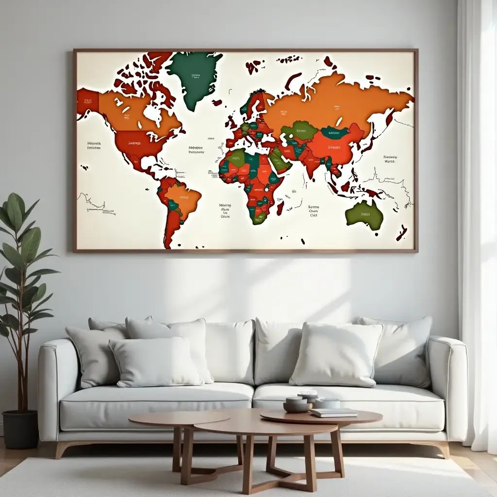 a photo of a large, framed map of the world