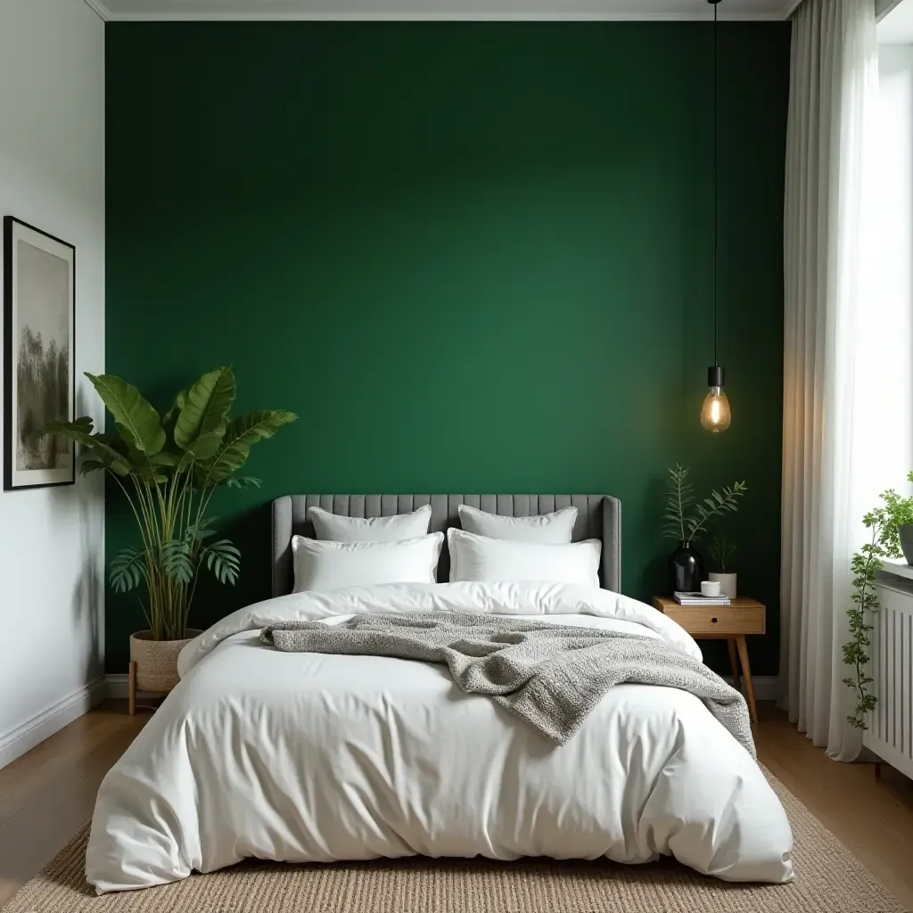 a photo of a bedroom with a green accent wall and plants