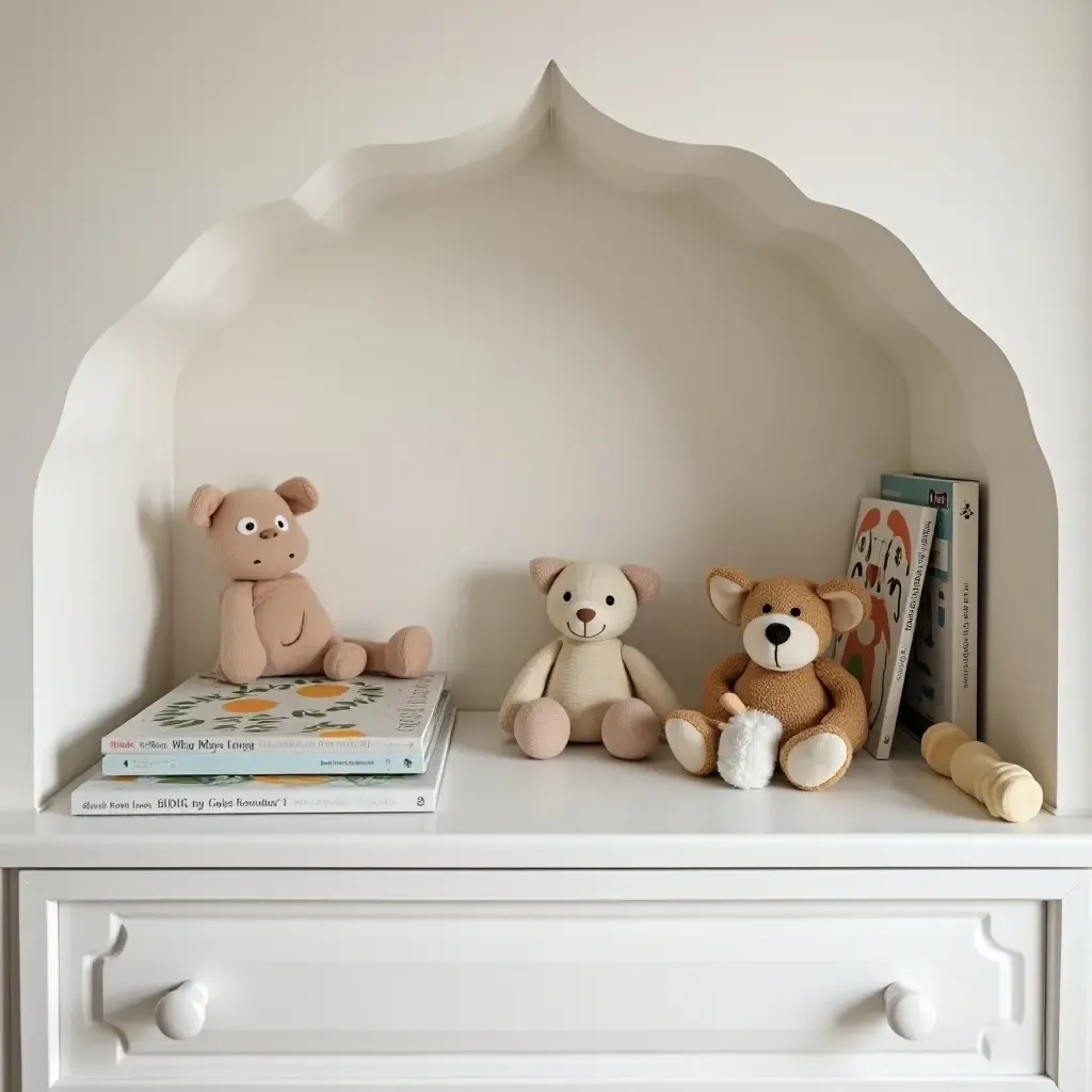 a photo of a nursery shelf with a curated collection of educational toys and books