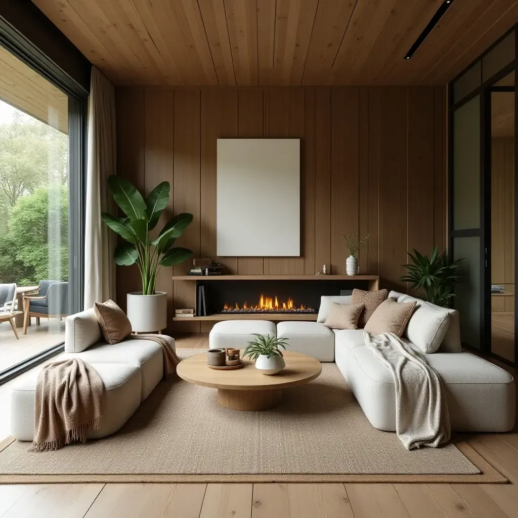 a photo of a cozy living room featuring sustainable materials and greenery