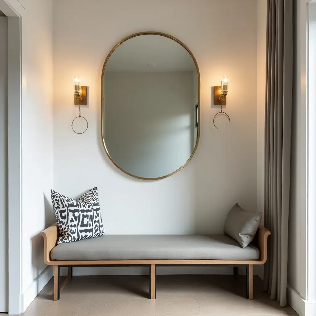 a photo of a bench with a built-in mirror and lighting for a stylish, functional entryway