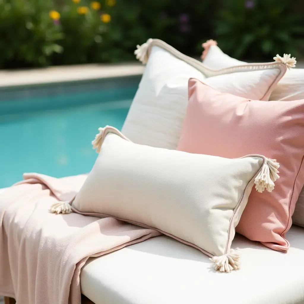 a photo of throw pillows arranged for a chic poolside gathering