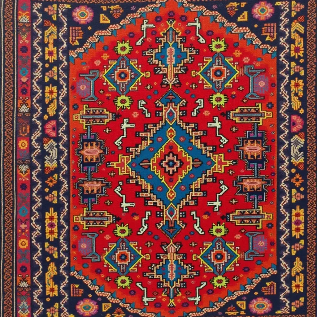 a photo of a bohemian-style rug with vibrant colors and patterns