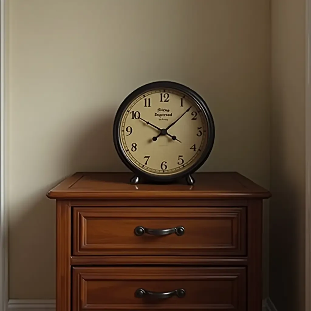 a photo of a wooden nightstand with a vintage clock