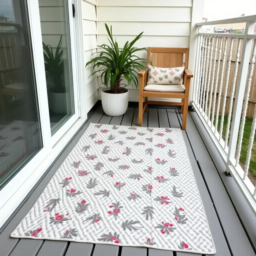 a photo of a balcony with a DIY outdoor rug made from fabric scraps