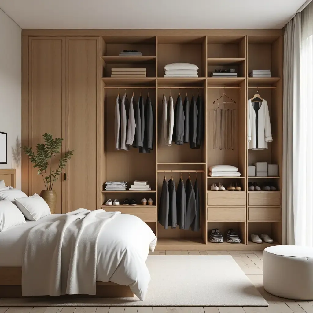 a photo of a chic bedroom featuring a creative shoe rack