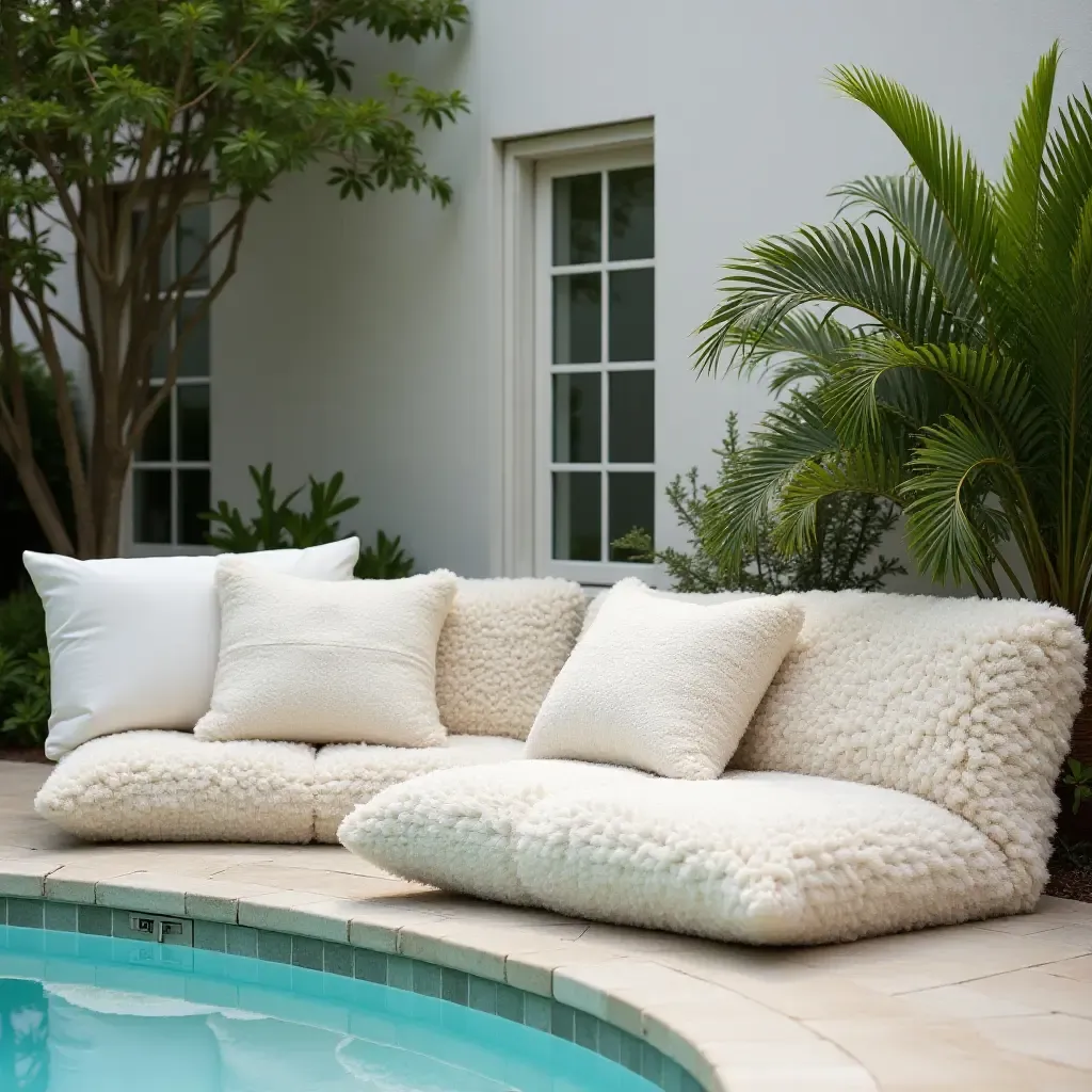 a photo of oversized throw pillows creating comfort by the pool