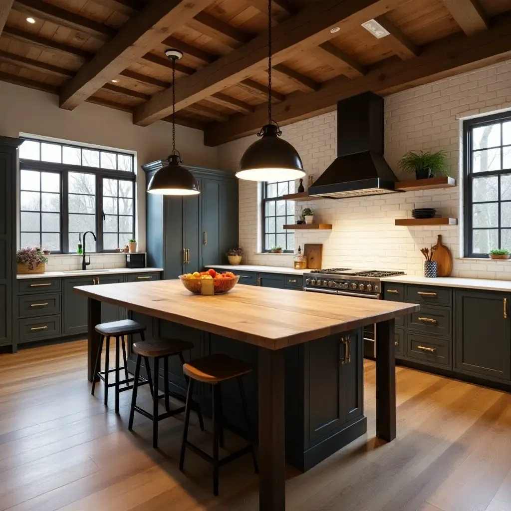 a photo of a kitchen with a large farmhouse table and industrial lighting