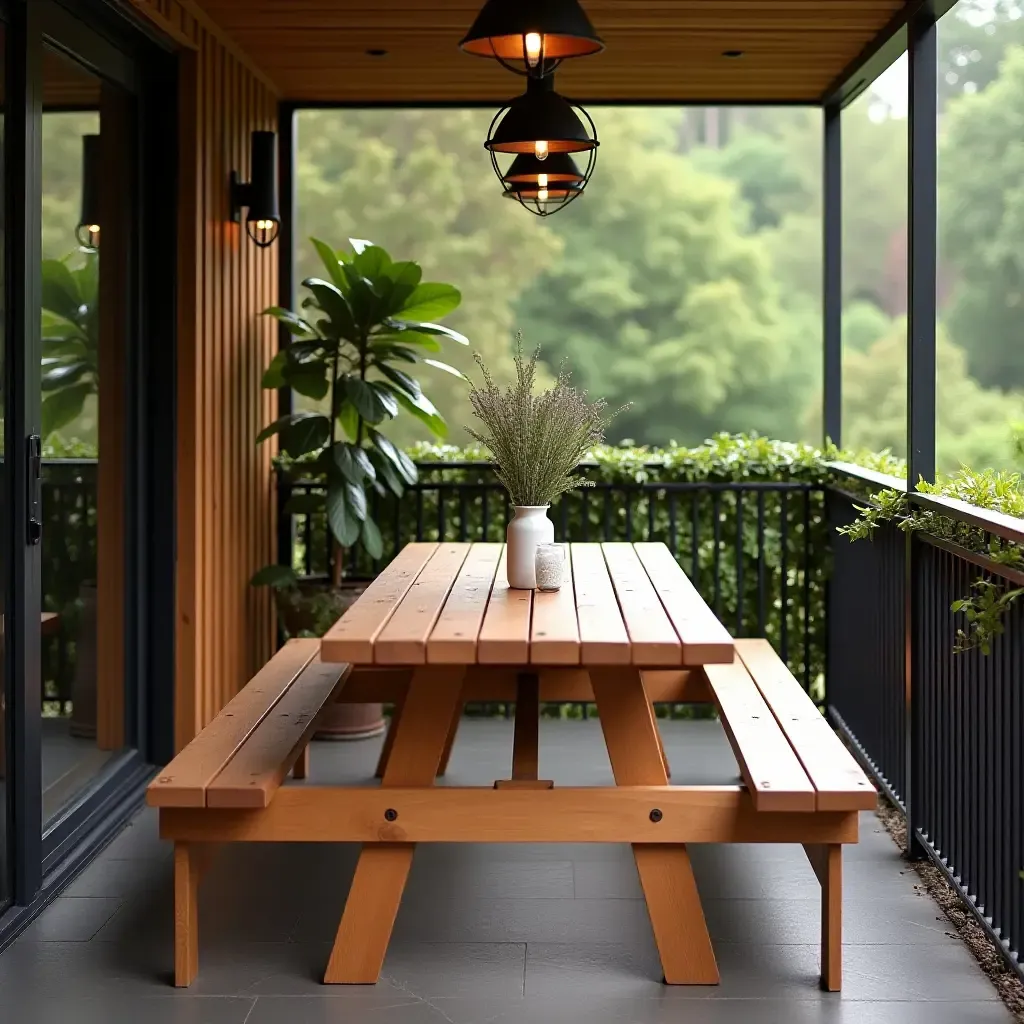 a photo of a balcony with a wooden picnic table for dining