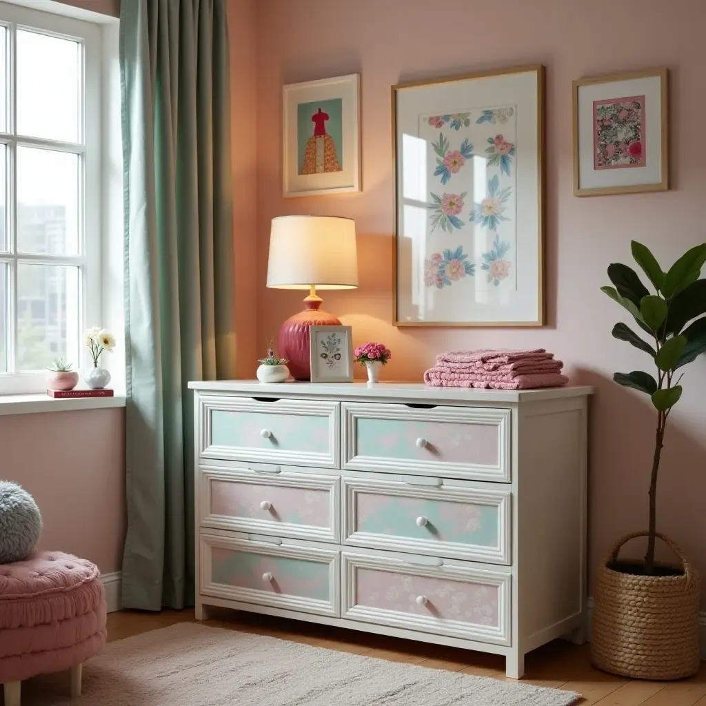 a photo of a teen room with artistic drawer organizers