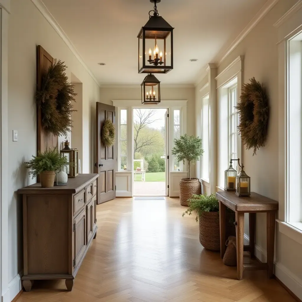 a photo of a warm corridor adorned with seasonal farmhouse decorations