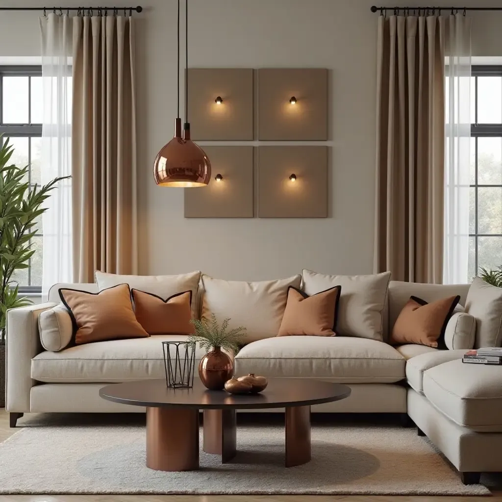 a photo of a stylish living room showcasing copper metallic lamp designs