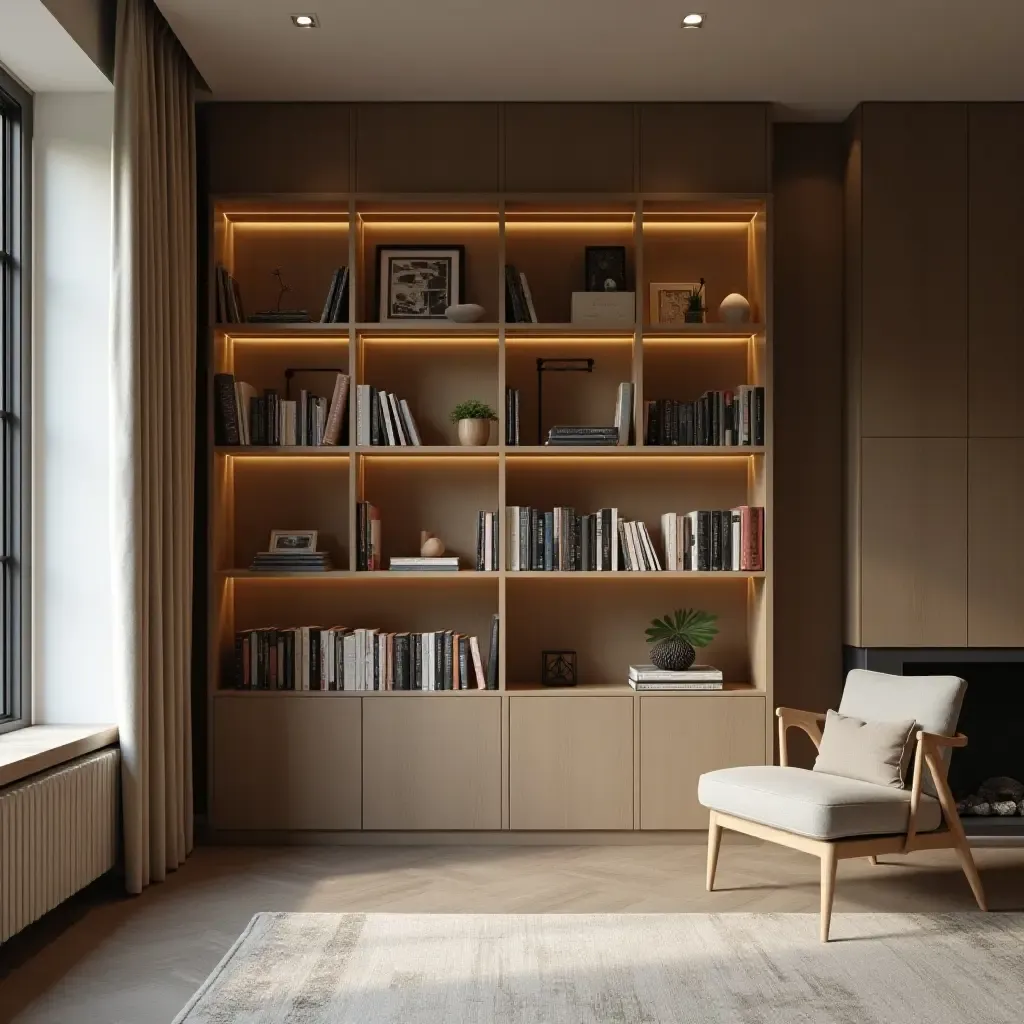 a photo of a library with sleek, hidden shelving for a clean look