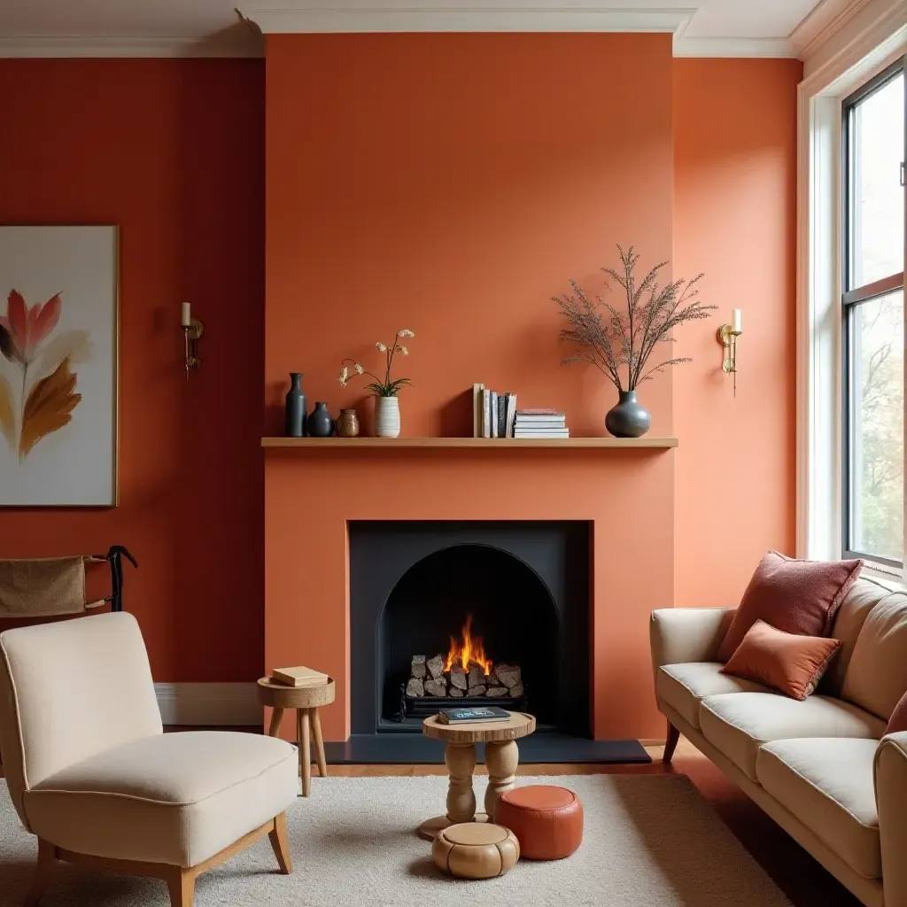 a photo of a fireplace surround featuring a bold accent color