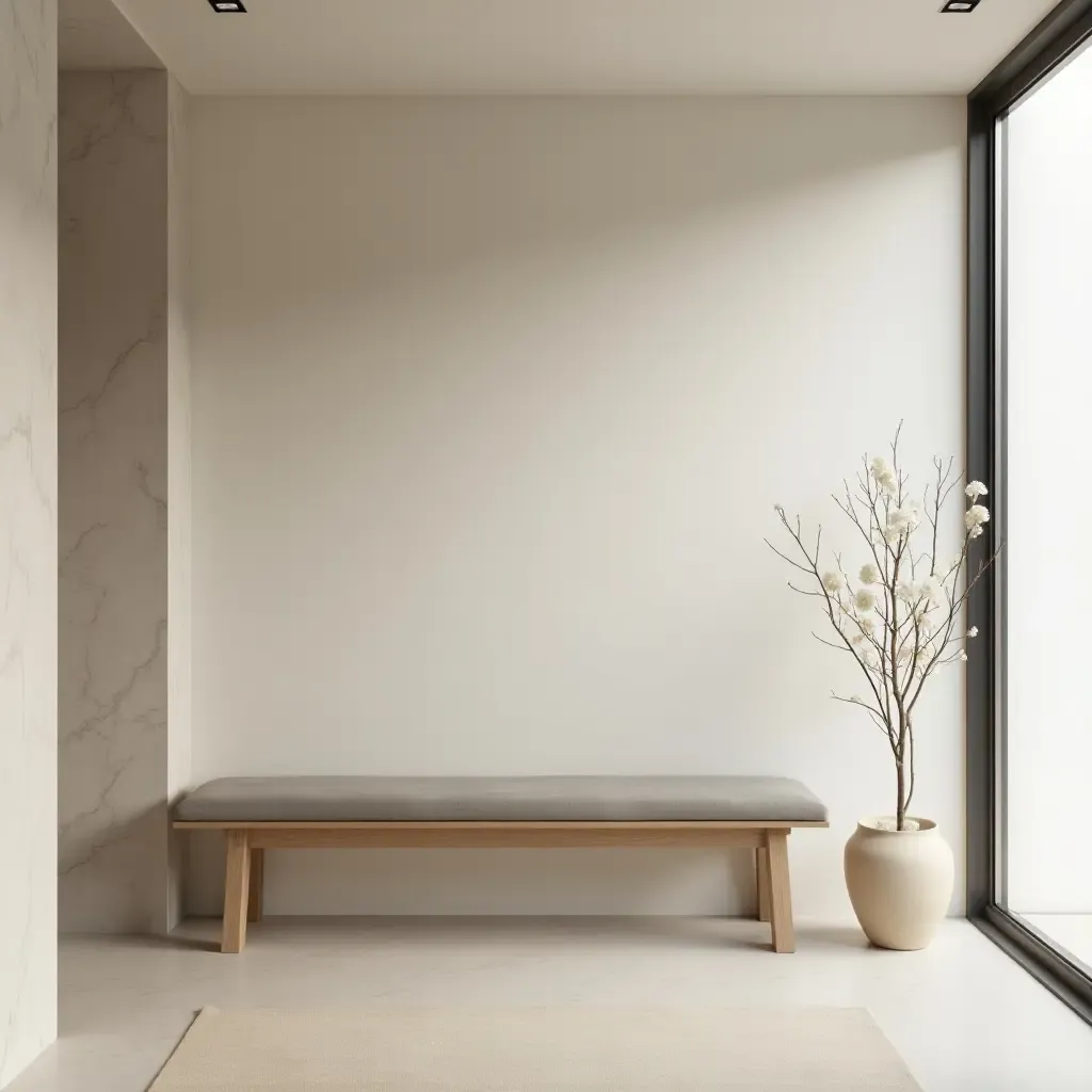 a photo of a minimalist entrance area with a simple bench and neutral tones