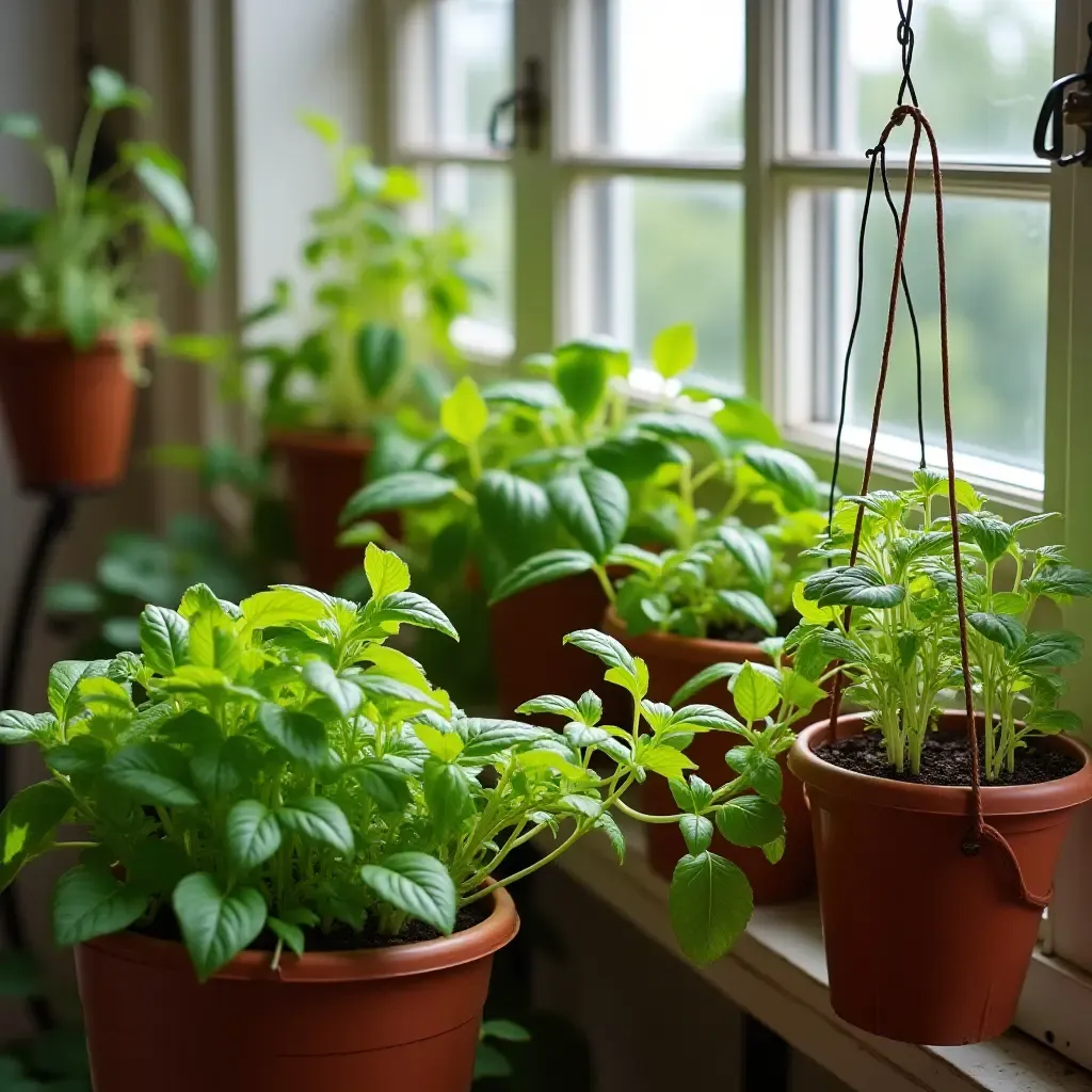 a photo of a balcony garden featuring hanging planters and vibrant herbs