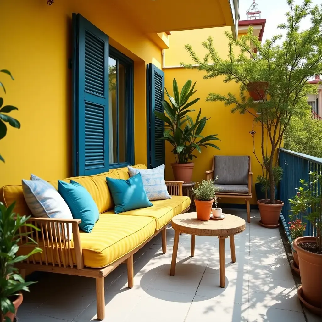 a photo of a sunny balcony decorated with bright yellow and bright blue textiles