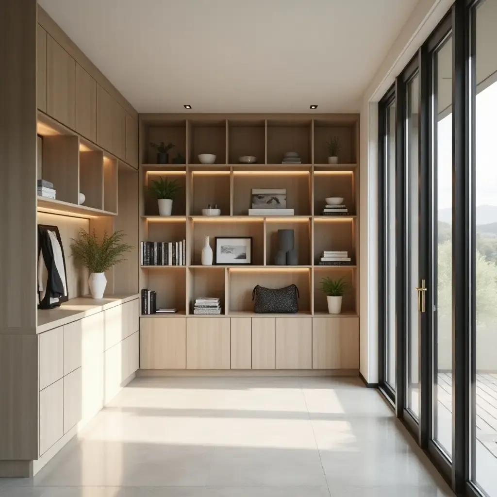 a photo of a modern hallway with geometric shelving units