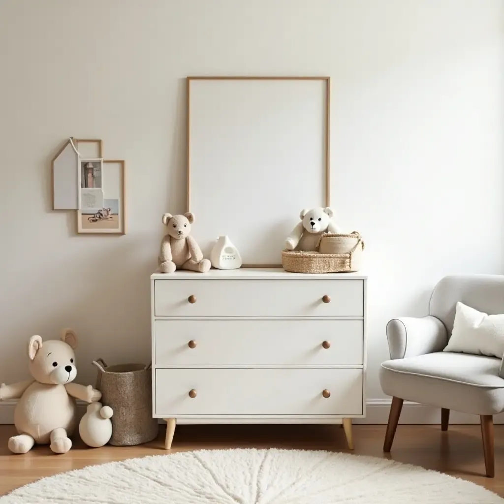 a photo of a nursery with a vintage dresser and playful decor elements