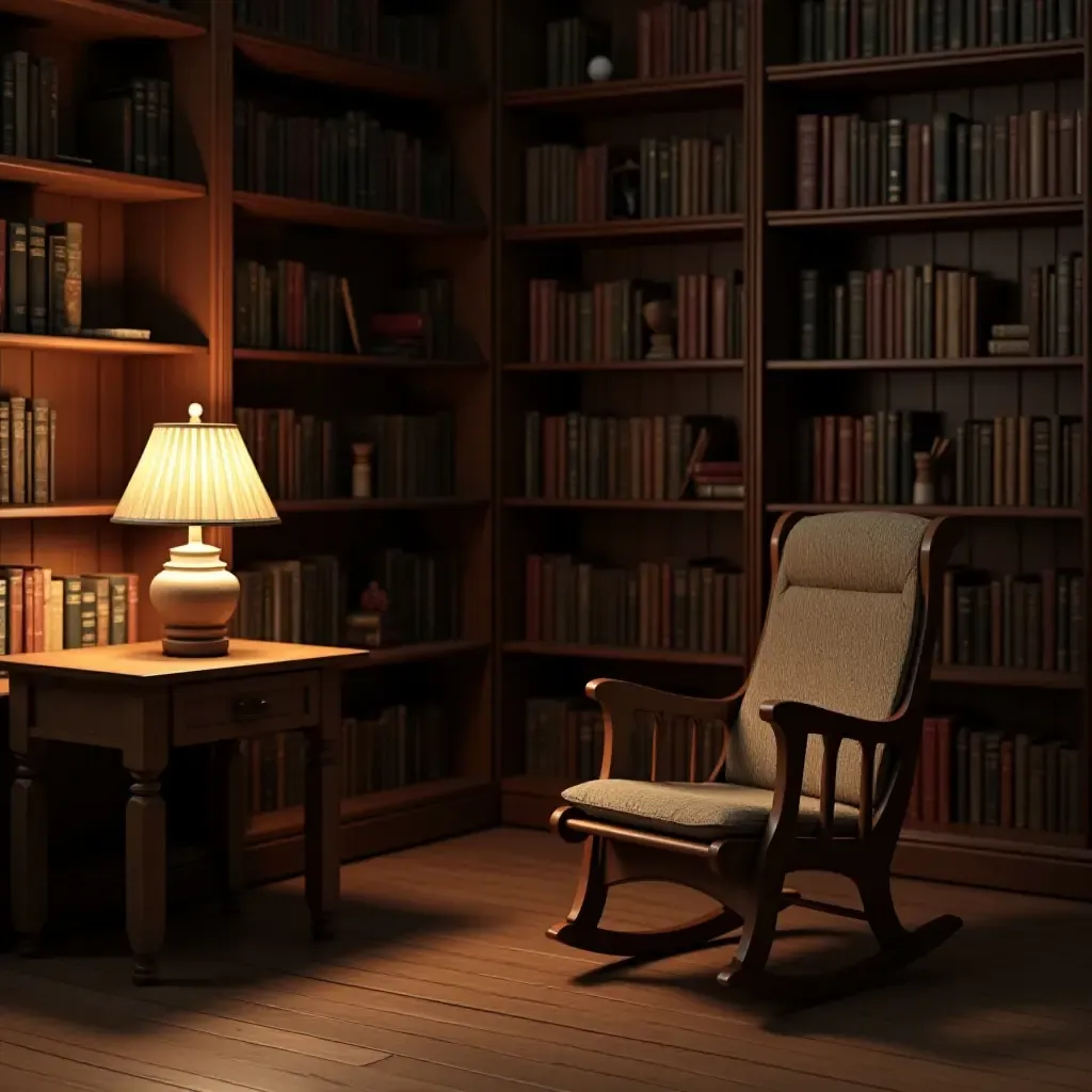 a photo of a library corner with a wooden rocking chair and lamp