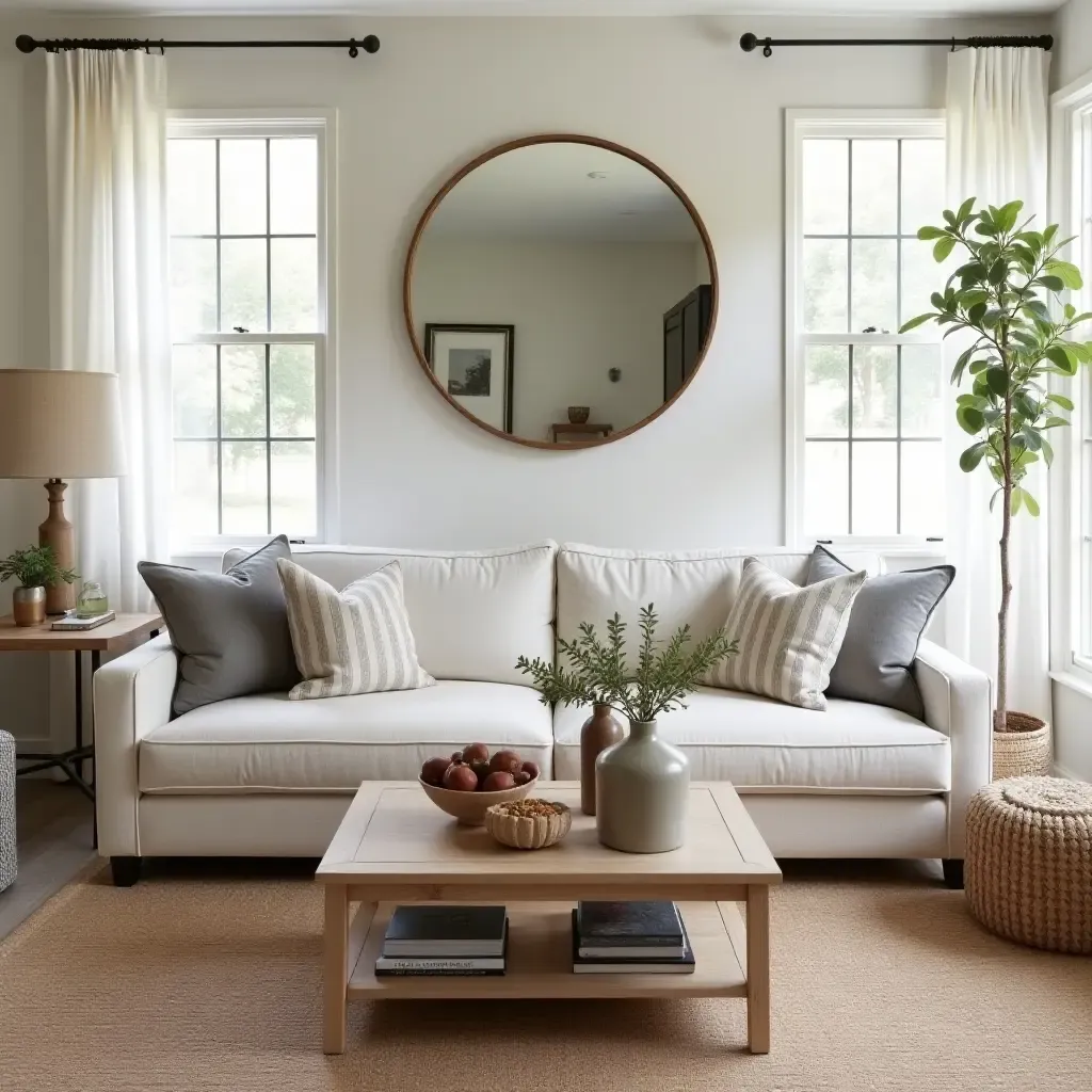 a photo of a living room showcasing handmade farmhouse decor items