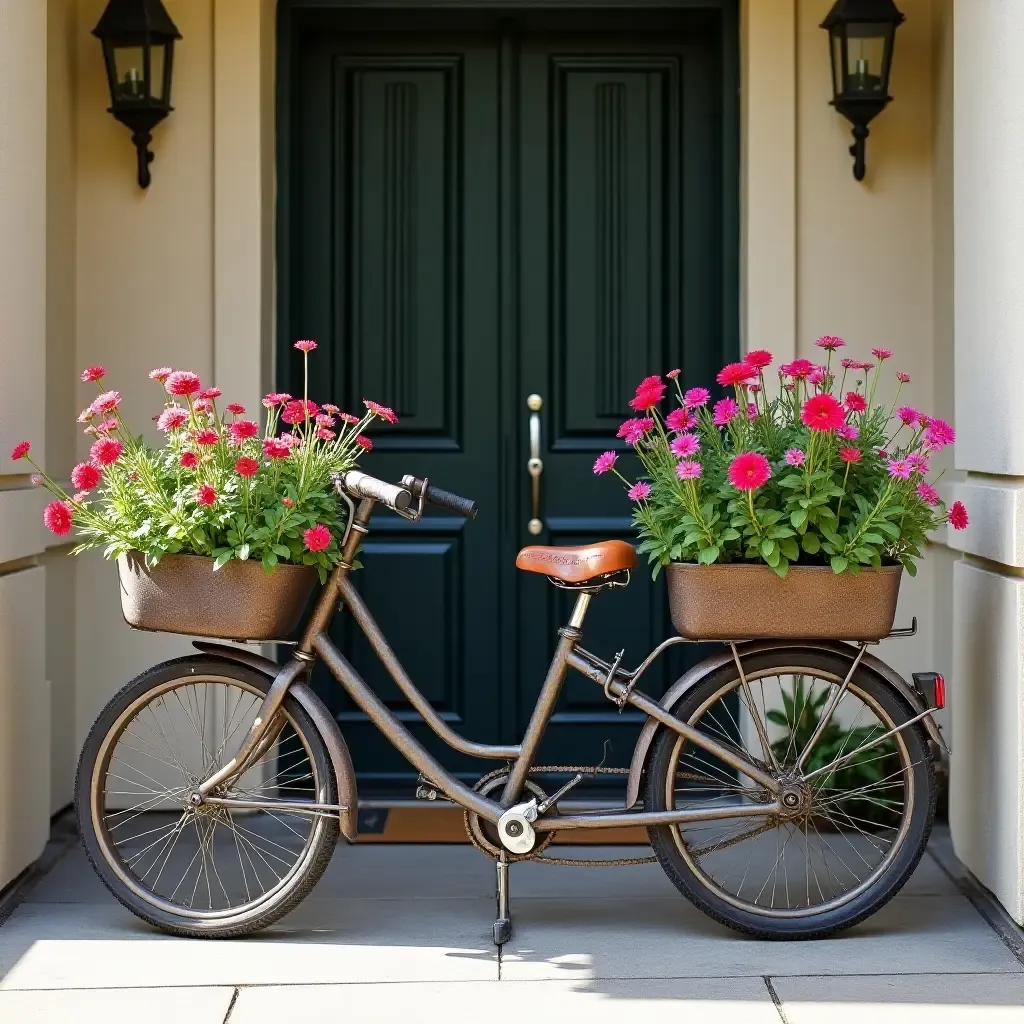 a photo of a unique entrance with a bicycle planter filled with flowers