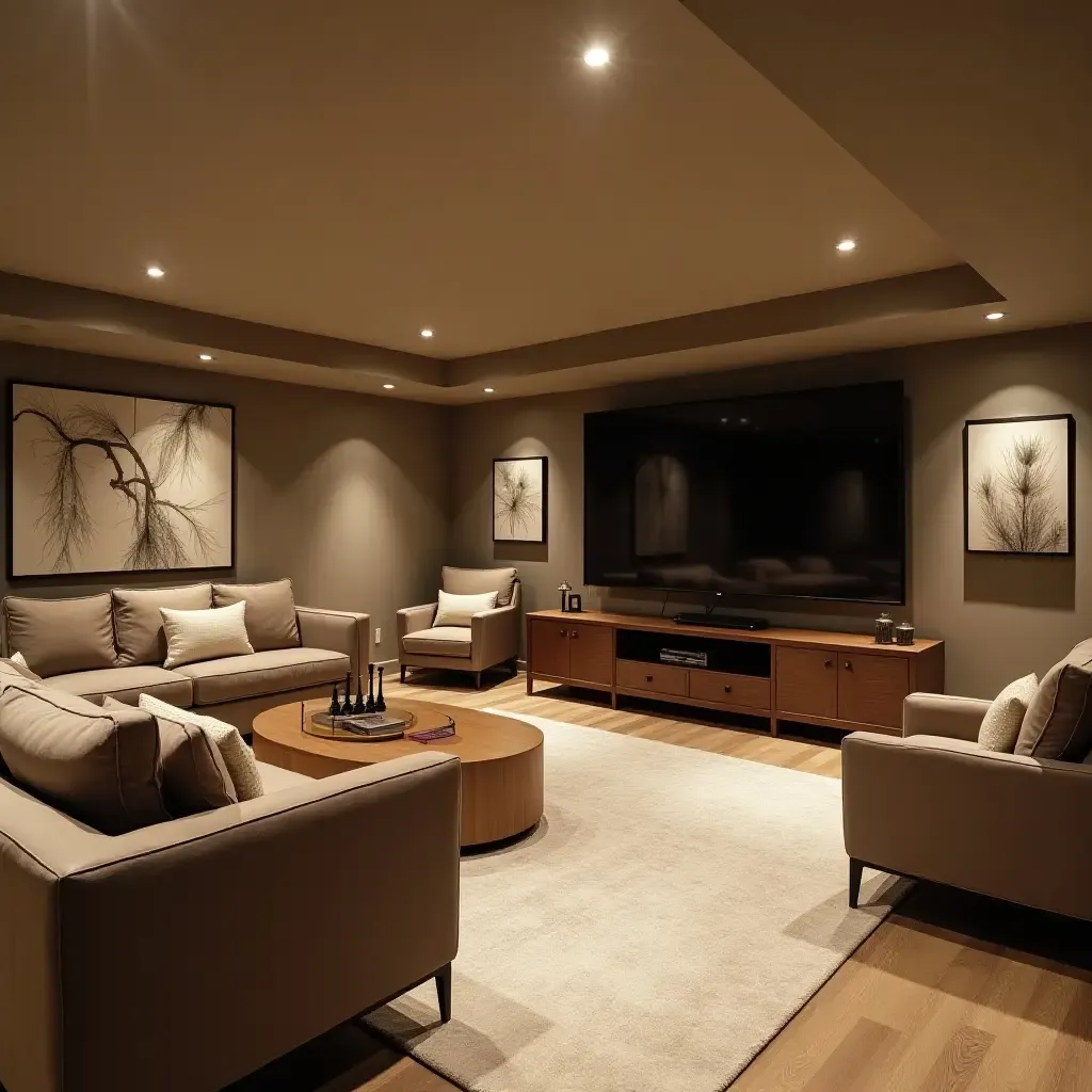 a photo of a basement family room with versatile furniture and entertainment options