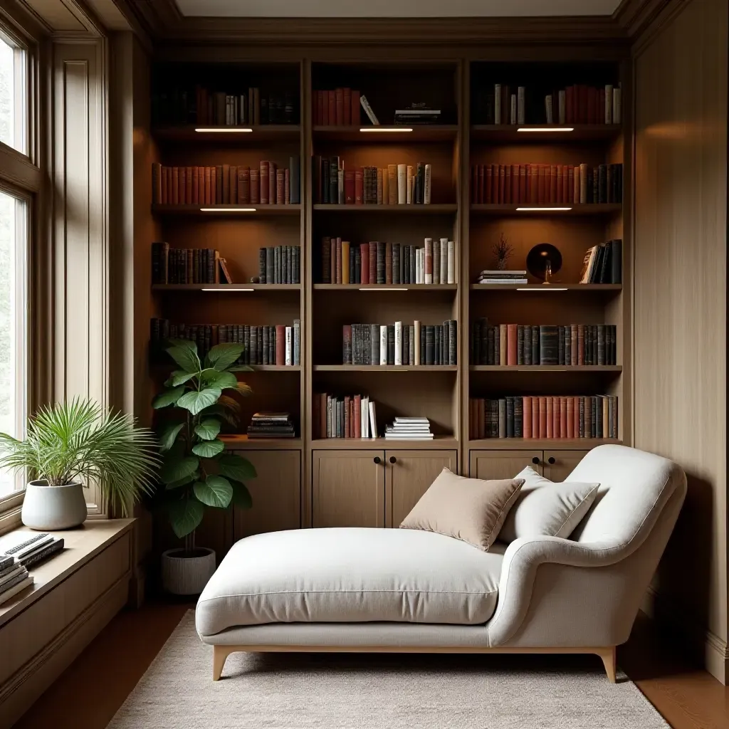 a photo of a reading nook surrounded by bookshelves and a comfy chaise lounge