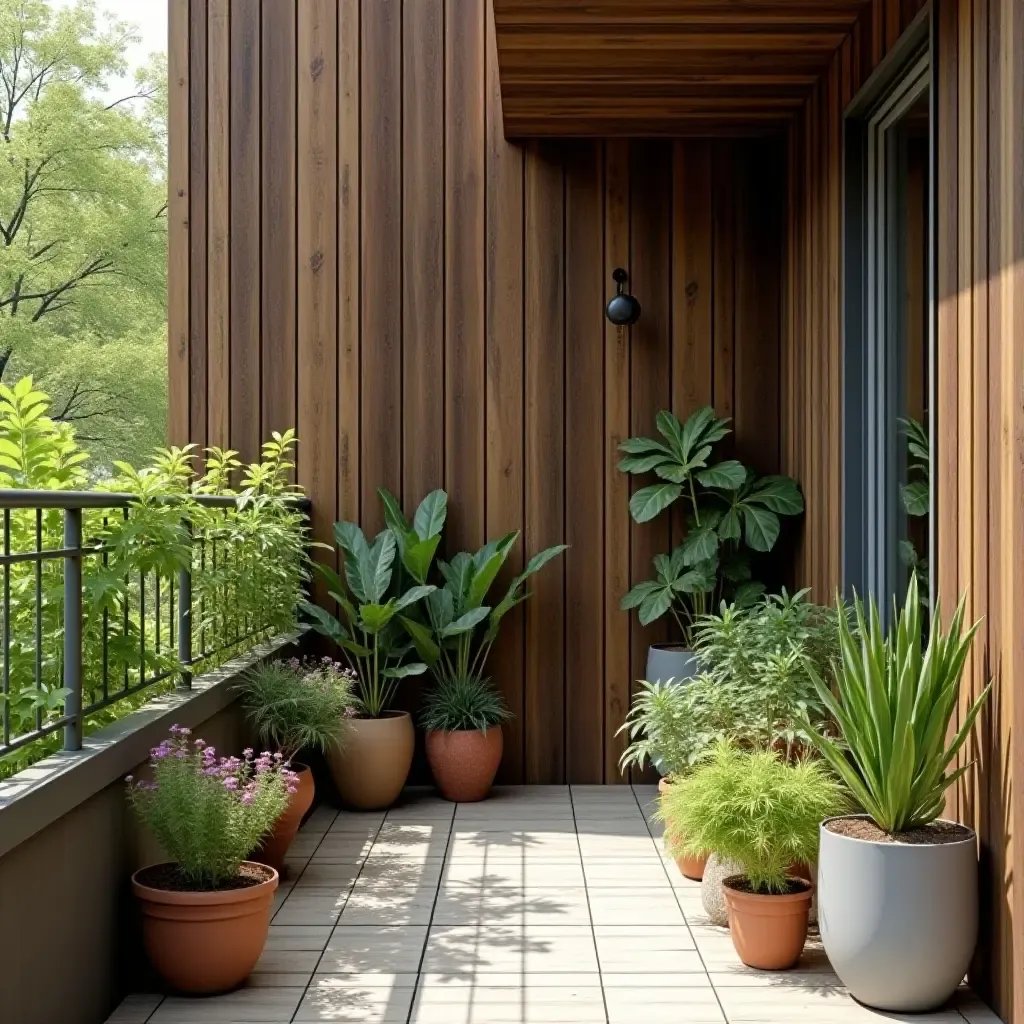 a photo of a balcony with a rustic wooden wall and potted plants