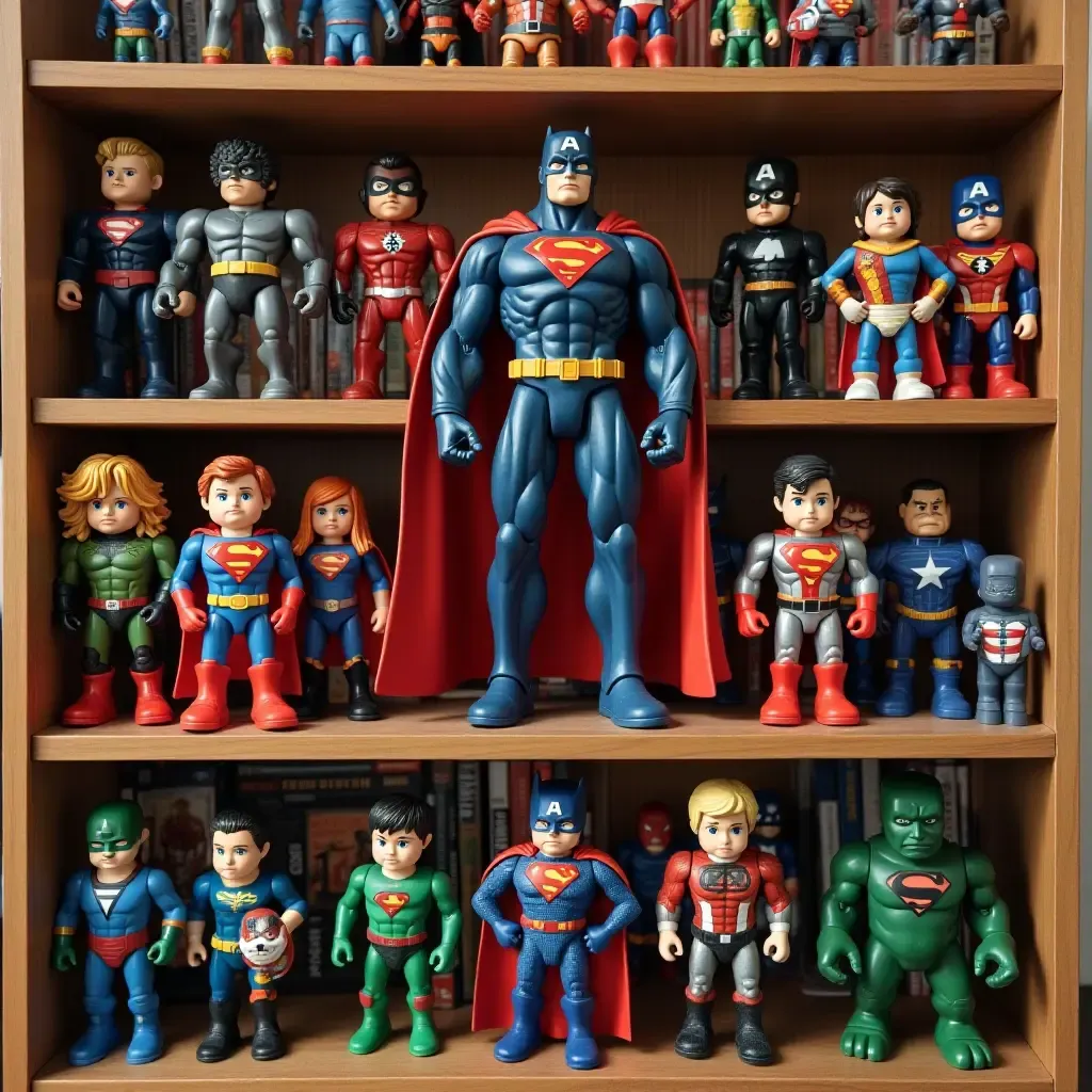 a photo of a superhero-themed shelf with action figures and comics