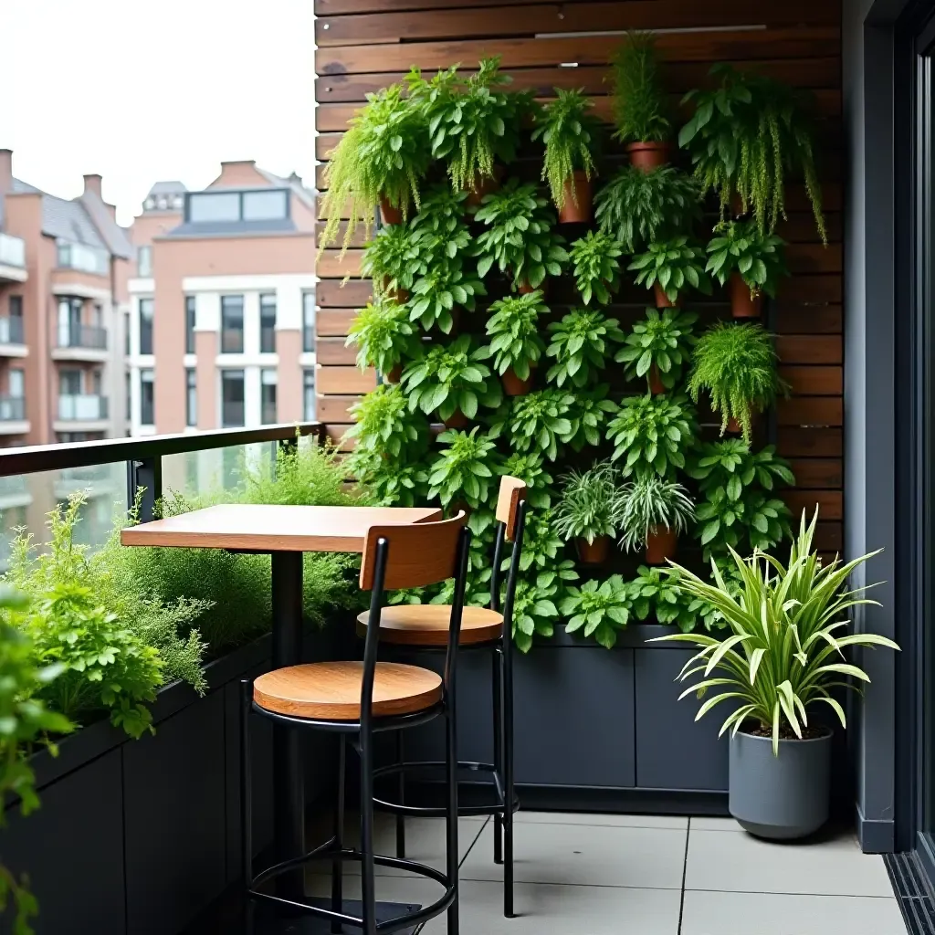 a photo of a balcony with a vertical herb garden and bar stools