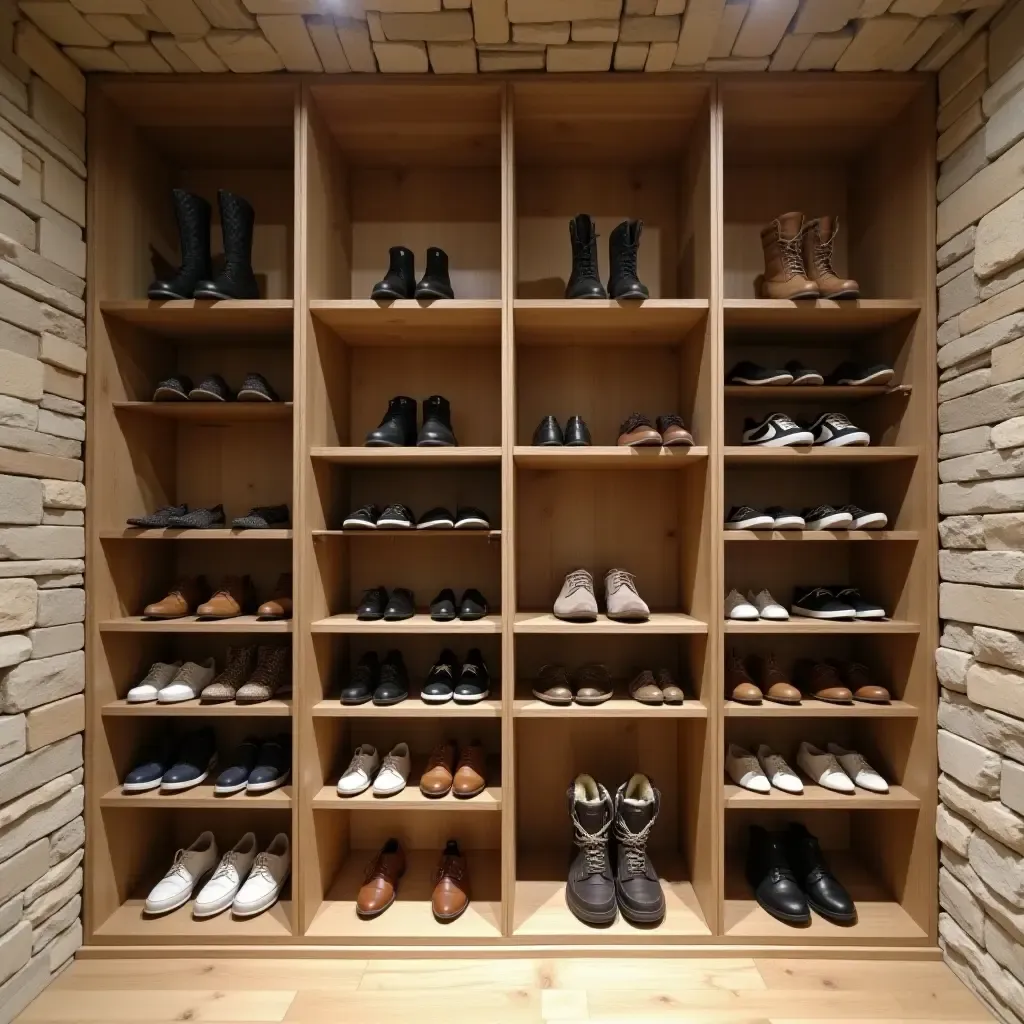 a photo of a basement showcasing a creative shoe cubby system