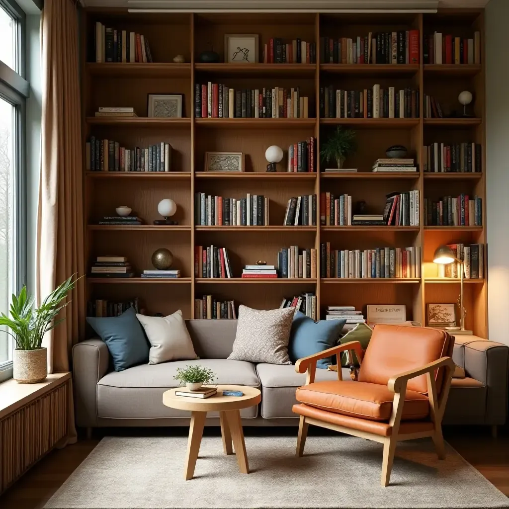 a photo of a whimsical book nook with organized bookshelves