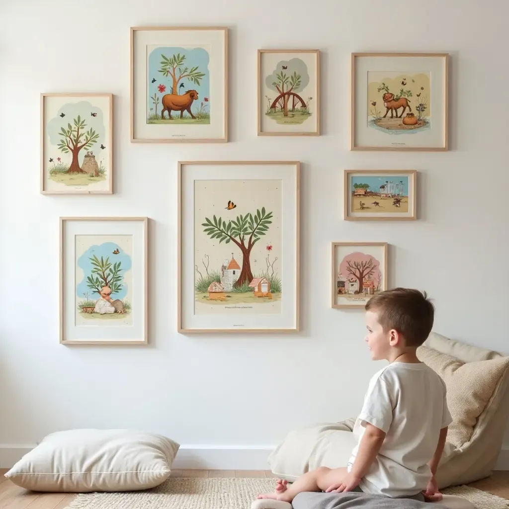 a photo of a gallery wall showcasing a child&#x27;s favorite hobbies and interests