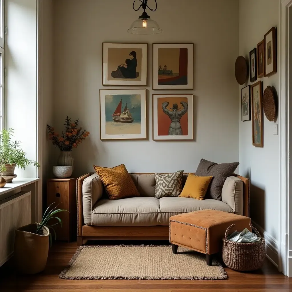 a photo of a reading nook surrounded by artwork and personal touches