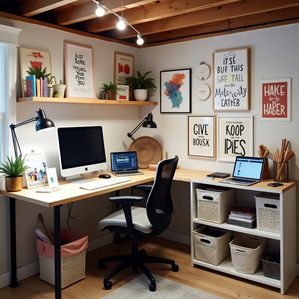 a photo of a basement craft corner with colorful supplies and inspirational quotes on the walls