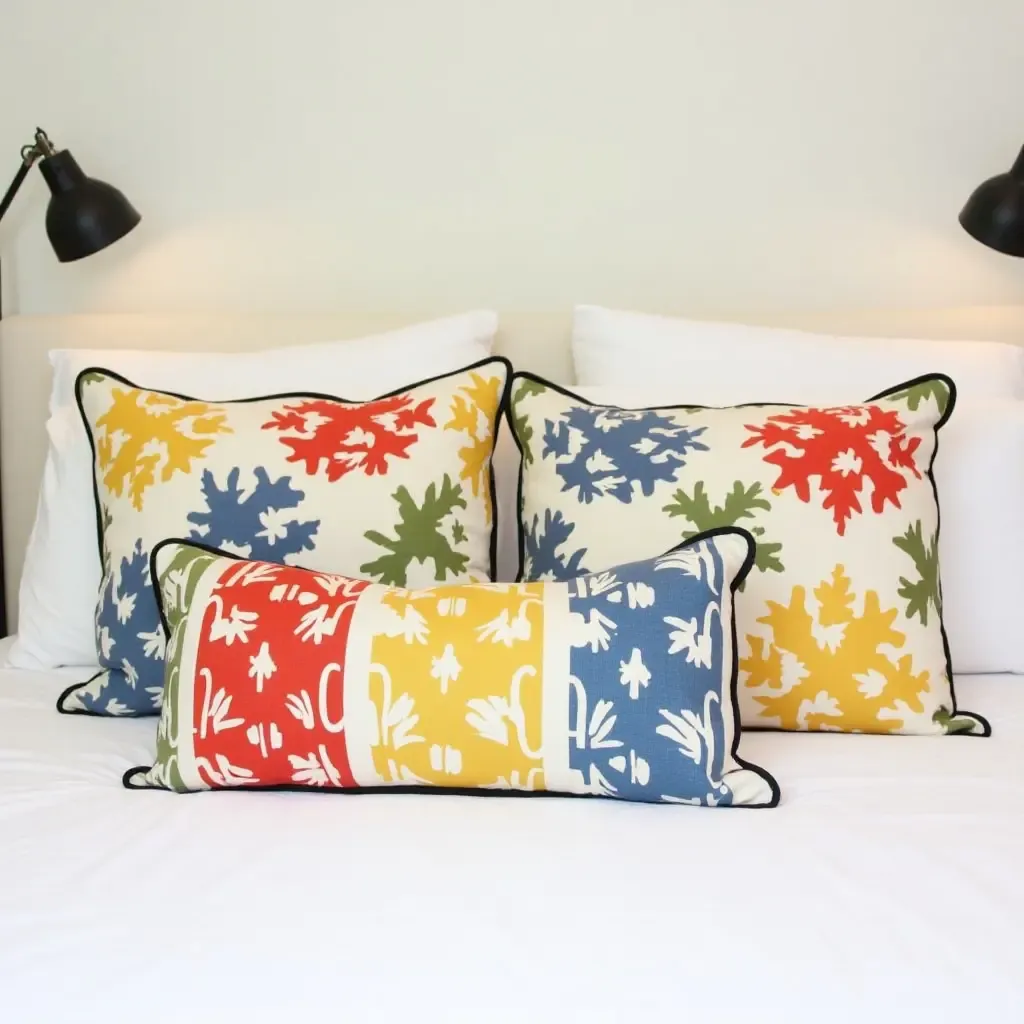 a photo of colorful DIY throw pillows on a bed