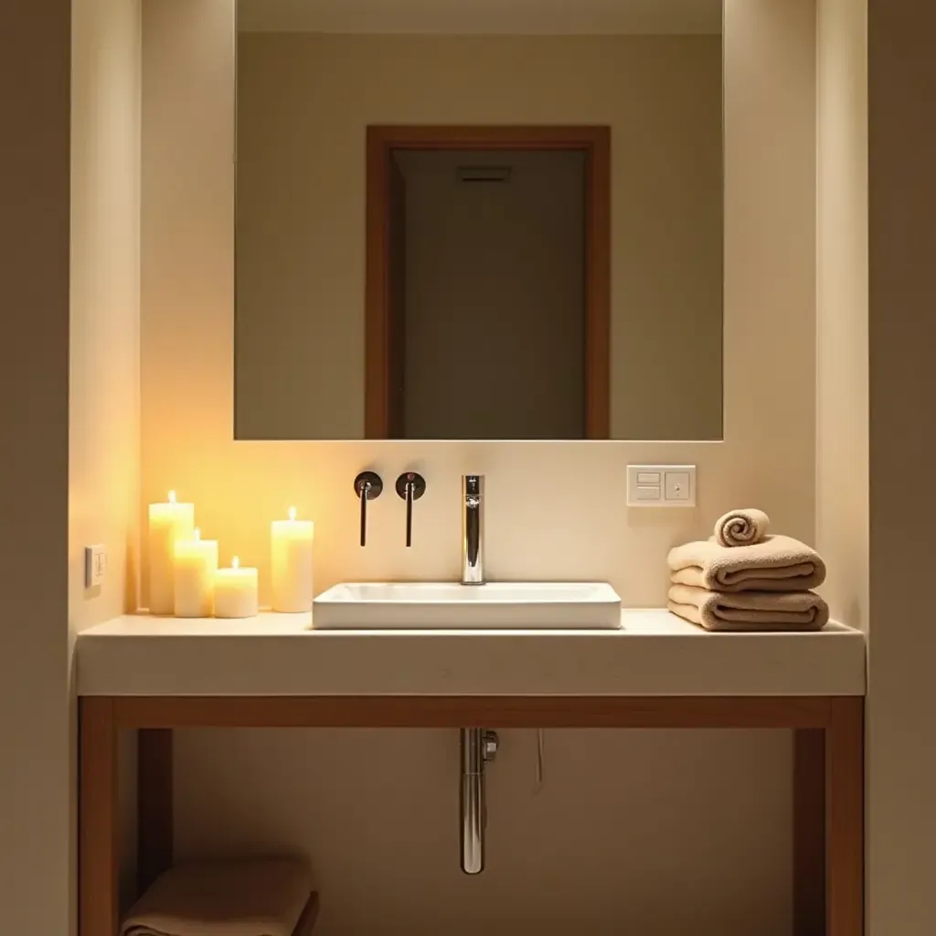 a photo of a spa-like bathroom vanity with candles and soft towels