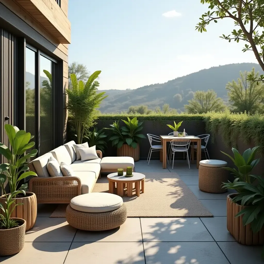 a photo of a balcony with a contemporary lounge area and plants