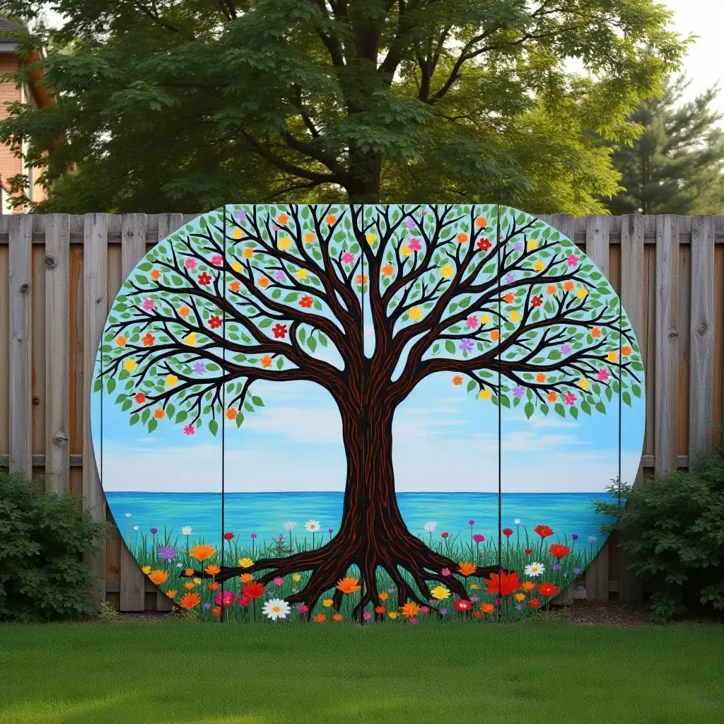 a photo of a tree of life mural on a garden fence