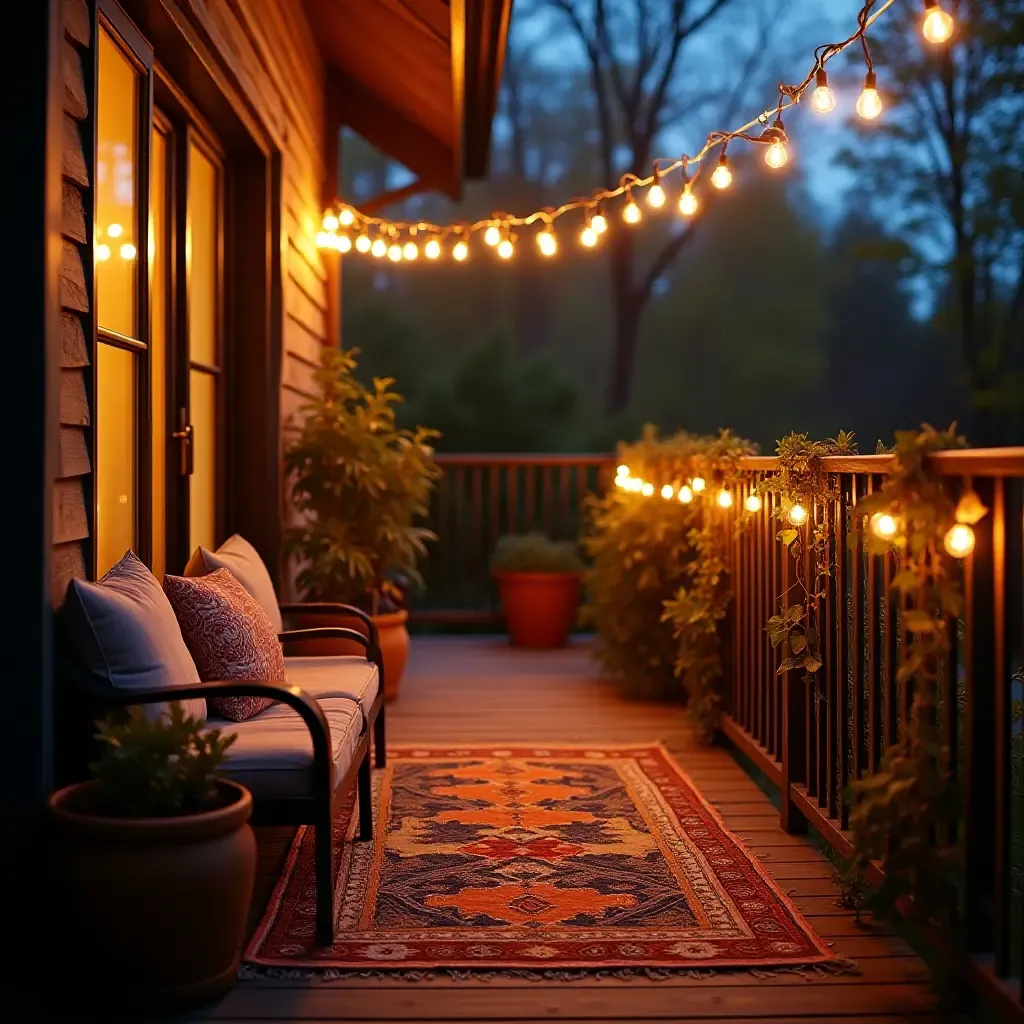 a photo of a balcony with a colorful outdoor rug and fairy lights