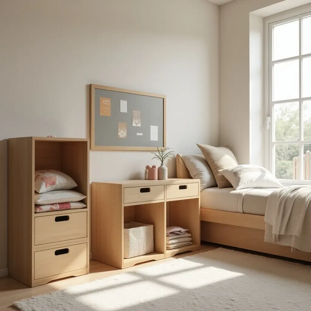 a photo of wooden crates used as storage in a playful bedroom