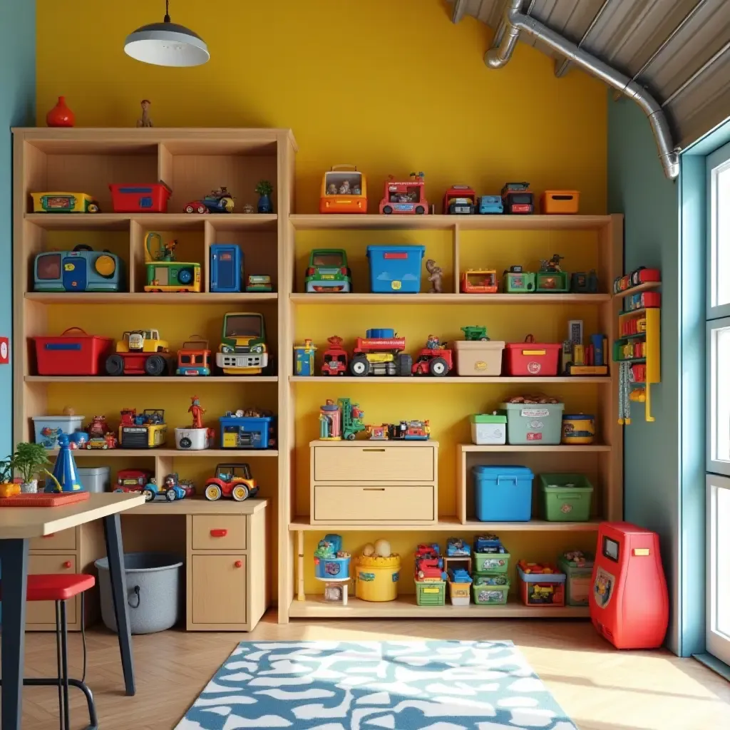 a photo of a bright and colorful toy garage organization system