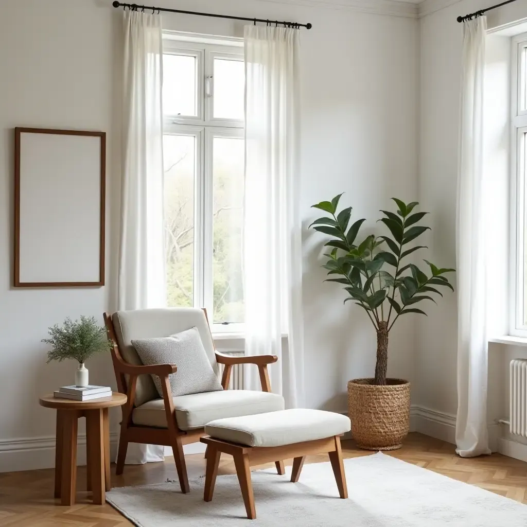 a photo of a living room with a comfortable reading chair and farmhouse decor