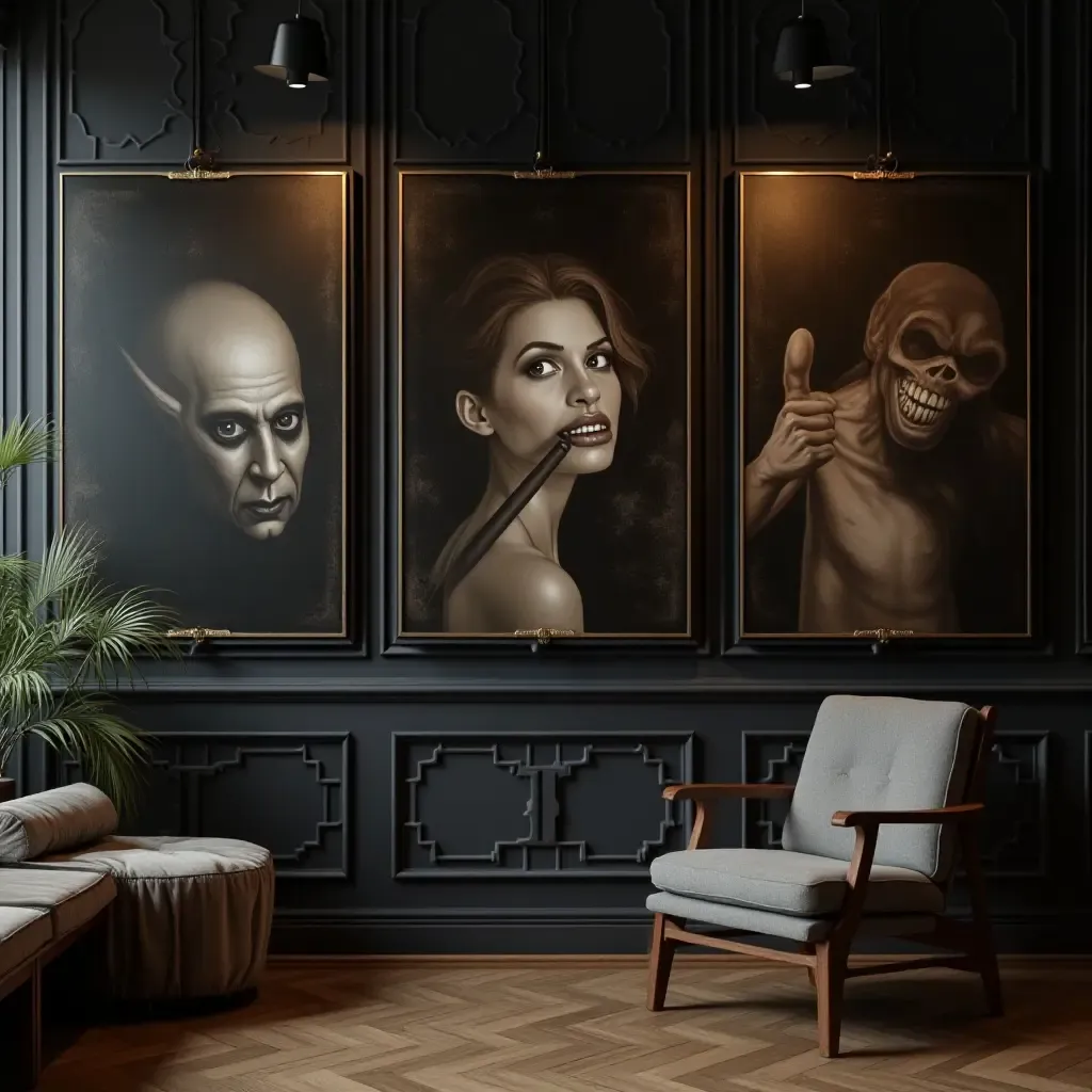 a photo of a gallery wall featuring dark-themed art and photographs